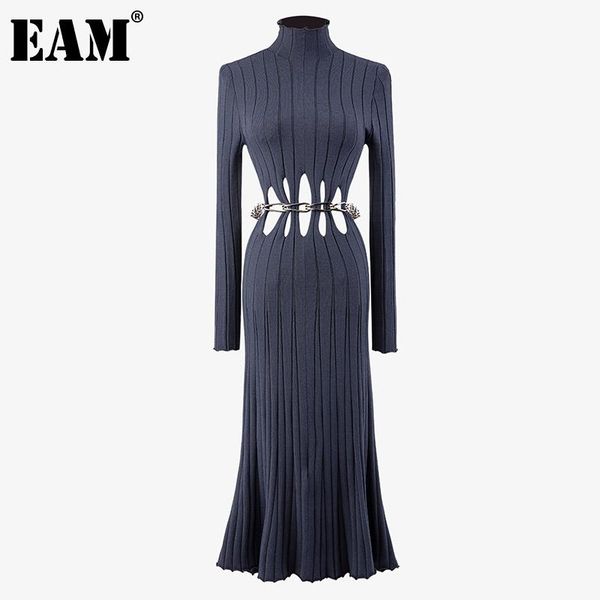 

casual dresses [eam] women metal chain hollow out knitting dress turtleneck long sleeve sheath fit fashion tide autumn winter 2021 1dd2721, Black;gray