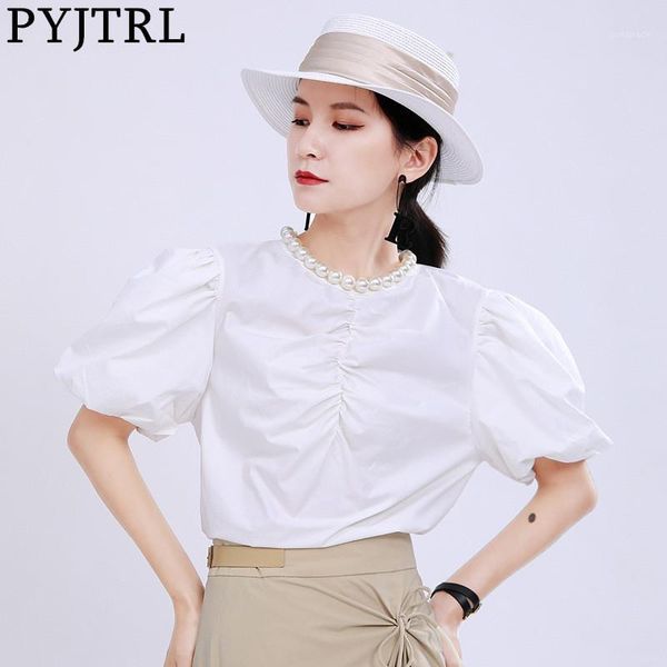 

women's blouses & shirts pyjtrl fashion ladies handmade beads bubble sleeve blouse lantern shirt womens chemise femme streetwear blusas, White