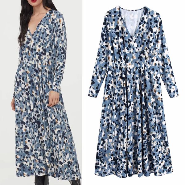 

2021 new bule tie dye pleated women autumn printed ruched v neck long sleeve midi dress woman elegant dresses py4y, Black;gray