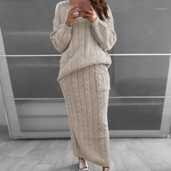

2020 winter women knitted 2 pieces sets women solid color long sleeve pullovers sweater & knitted skirts 2pcs suits warm sets1, Gray