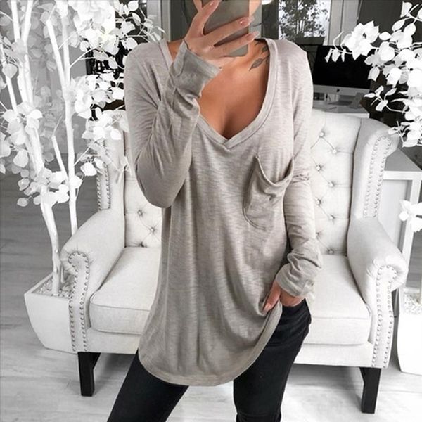 

new fashion women t shirts solid color cotton deep v neck long sleeve front pocket loose tunic leisur shirt for, White