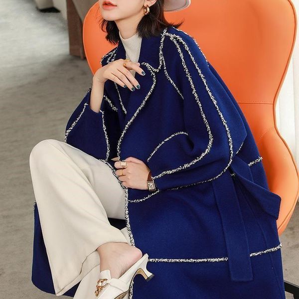 

winter tassel women blends trench coat elegant outerwear wih belt casual thick cardigan female overcoat, Black
