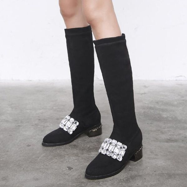 

luxury rhinestone knee high boots for women metal thick heels flock long winter booties back zipper slim knight botas mujer s6001, Black