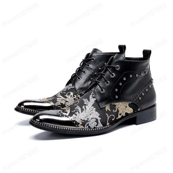 

europe america pointed-toe lace-up flowers print ankle boots low heel rivet formal boots fashion martin boots, Black