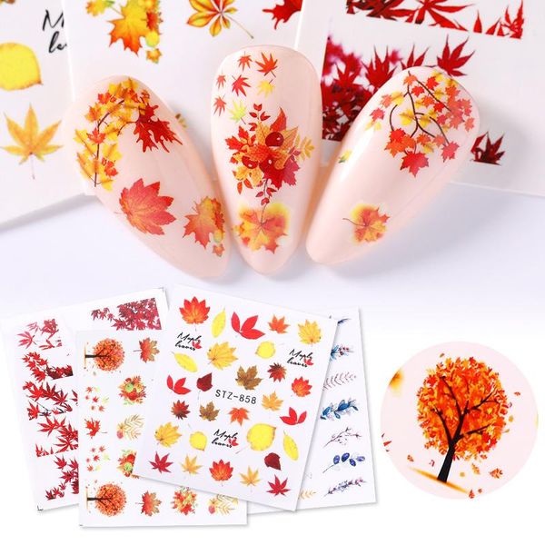 

stickers & decals 1 sheet fall yellow gold leaves nail art autumn water marple leaf wraps diy design decoration, Black
