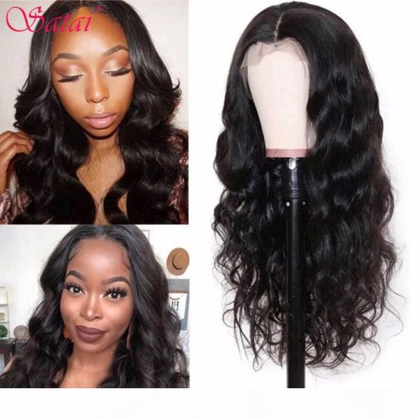 

satai body wave lace closure wig 4x4 brazilian closure wig human hair wigs for women 180 density lace front wigs, Black;brown