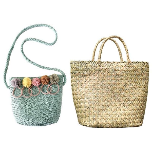 

girls shoulder bag straw rattan weave crossbody bag (green) & women handbag handmade summer straw b