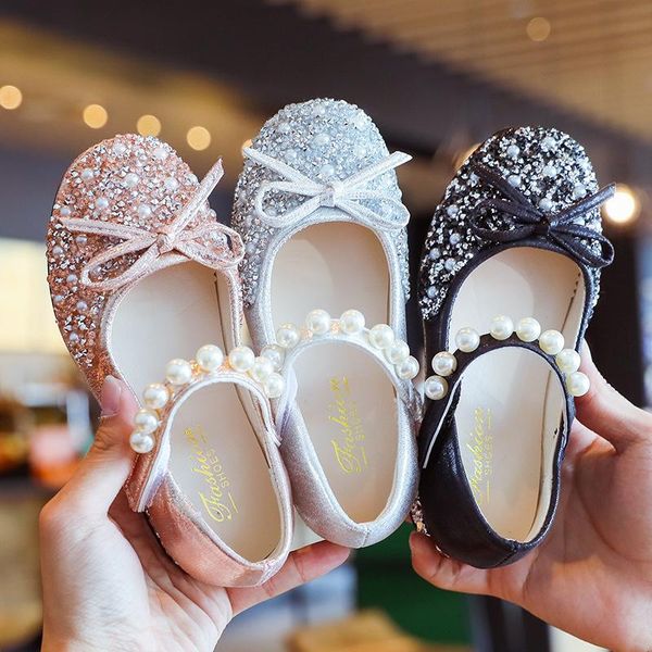 

flat shoes girls high heel 2021 little girl leather soft sole children crystal flashing baby, Black;grey