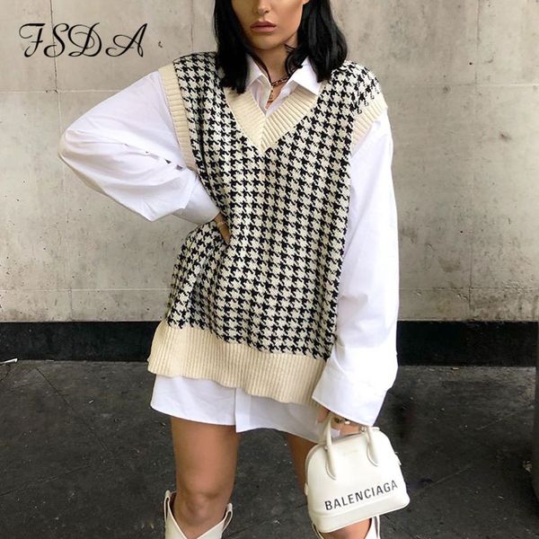 

women houndstooth vest sweater casual v neck sleeveless autumn winter jumper knitted korean style pullover loose, White;black