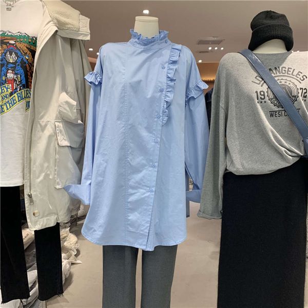 

zuoyi french minority ruffle collar stitching shirt on the left, White