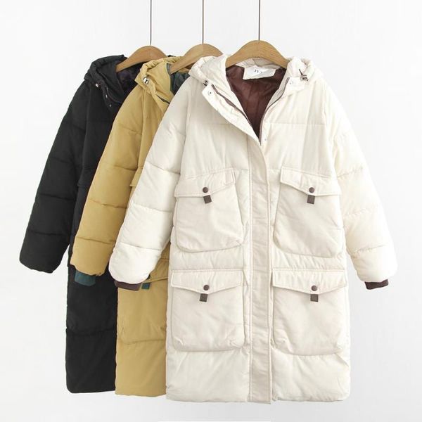 

новая зимняя куртка женщин корейская версия многокарманского теплого с капюшоном длиной хлопчатобумажной одежды женщины высокого качества бо, Black