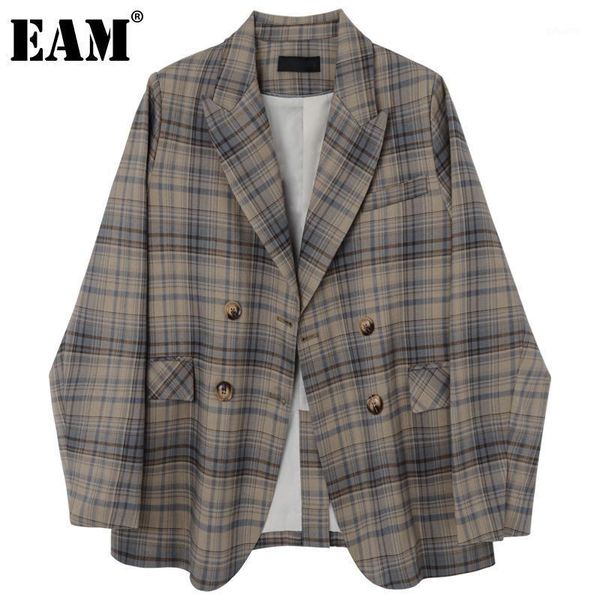 

eam] women big size khaki plaid vintage blazer new lapel long sleeve loose fit jacket fashion tide spring autumn 2020 1dd03881, White;black