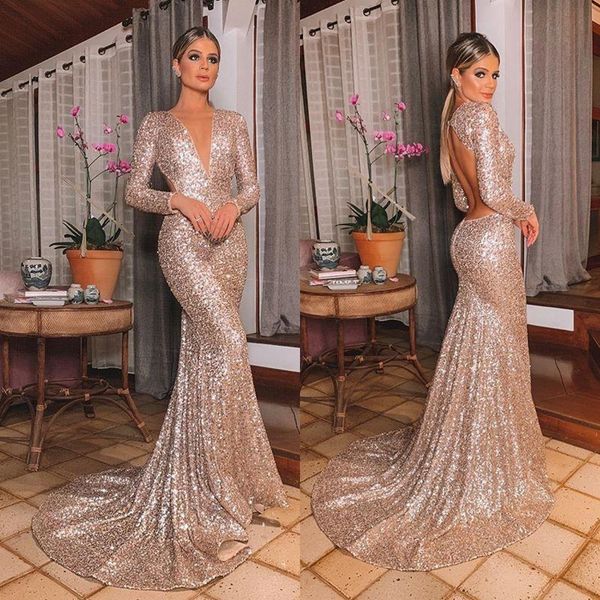 

vintage backless long sleeves evening dresses 2020 v neck sequined bridesmaid dress plus size prom gowns, Black;red