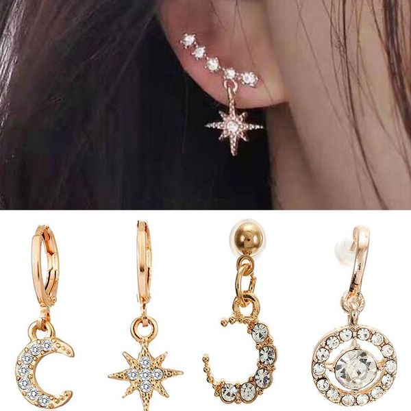 

women's star moon hoop earrings small minimalist rhinestones earrings for women weddings jewelry girl gift, Golden;silver