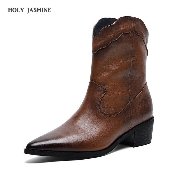 

boots 2021 genuine leather western chunky heels ankle woman shoes women casual cowboy female, Black