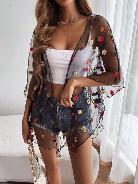 

floral embroidery sheer mesh kimono l3d9#, White;black