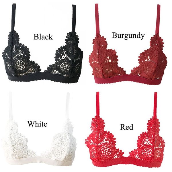 

women bralette sheer floral crochet lace unpadded wireless scallop trim hollow out bustier gi213, Red;black