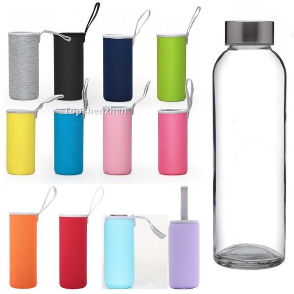 12 cores Caneca de tumbler 9oz 12oz 14oz de 18oz garrafa de água de vidro BPA livre de alta temperatura resistente Vidro de viagem esporte garrafas de bebida com manga neoprene e tampas