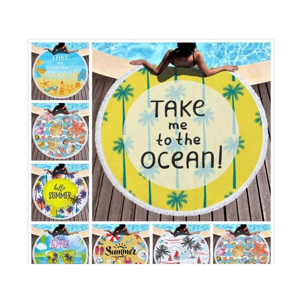 

round beach towel tassel beach towel bed cover yoga mat polyester table cloth printed outdoor camping picnic towel tassel