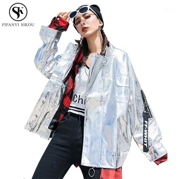 

women's jackets autumn harajuku women pu leather jacket fashion bright silver basic coat loose plus size bomber female lgp7911, Black;brown