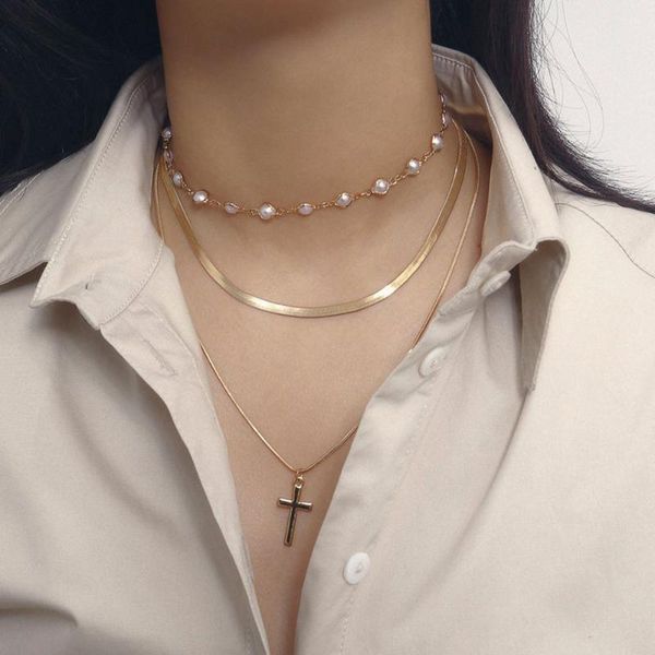 

designer original high-end 3-layer necklace bohemian style 2021 fashion geometric pearl cross jewelry ladies party gift, Silver