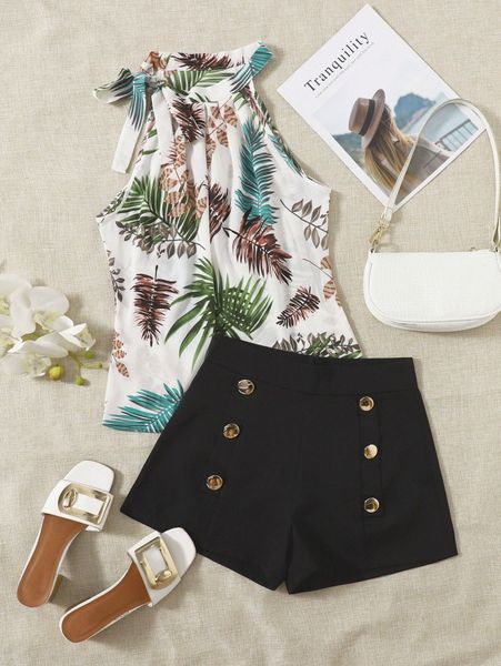 

tropical print knot & shorts u3hp#, White