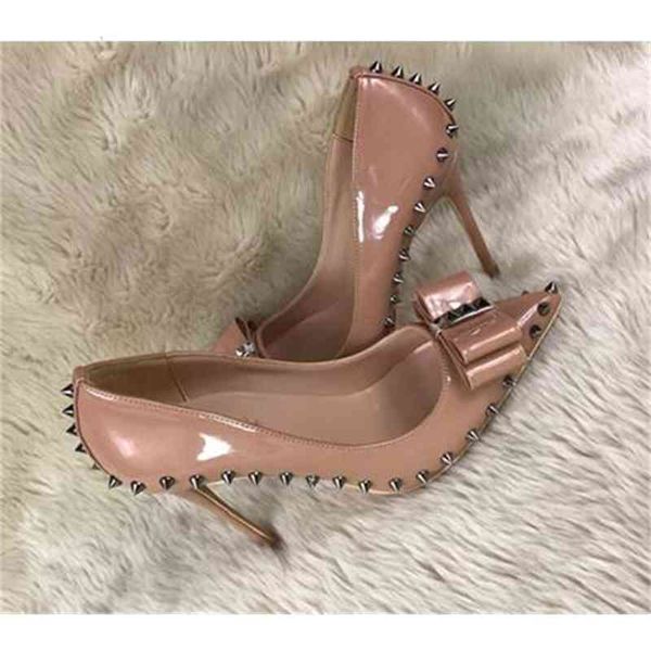 

red bottom women nude lpatent leather bow riveted single shoes pointed high heel woman studded pumps slim-heeled dress wedding, Black