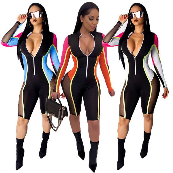 

spring 2020 large women's nightclub style jumpsuit multi color stitching shorts zipper deep v long sleeve, Black;gray
