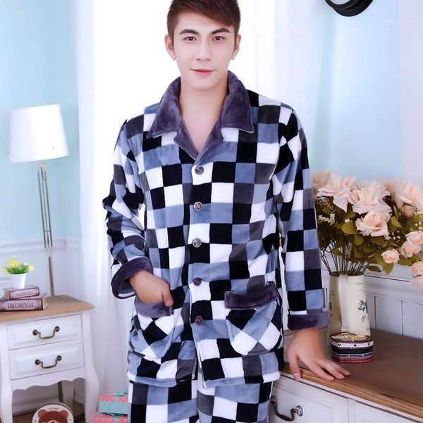 

h5875 sleepwear men pajamas set thickened flannel long sleeve plus size nightgown autumn winter coral fleece leisure nightwear1, Black;brown
