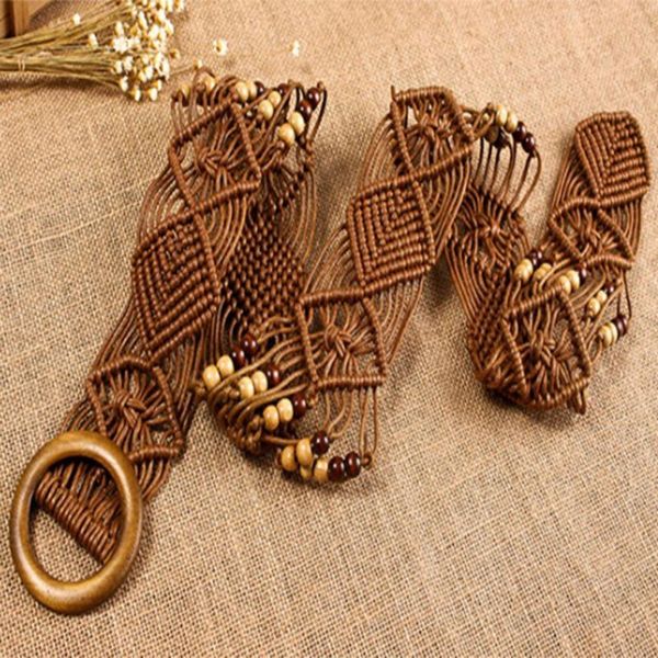 

belts 2021 fashion brand bohemian style for women ladies wooden bead braided wide knitted female dress, Black;brown