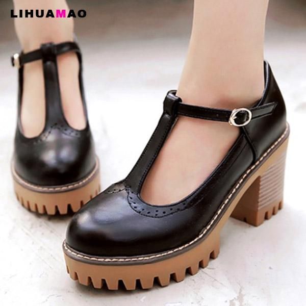 

lihuamao pumps women square heel mary jane shoes platform ankle strap round toe lady wedges shoes party wedding dancing cosplay, Black