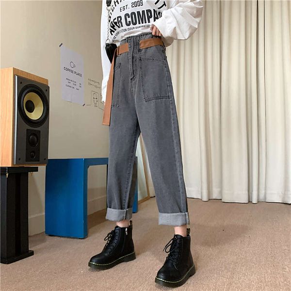 

new korean belt high waist jeans in autumn and winter 2020, Blue