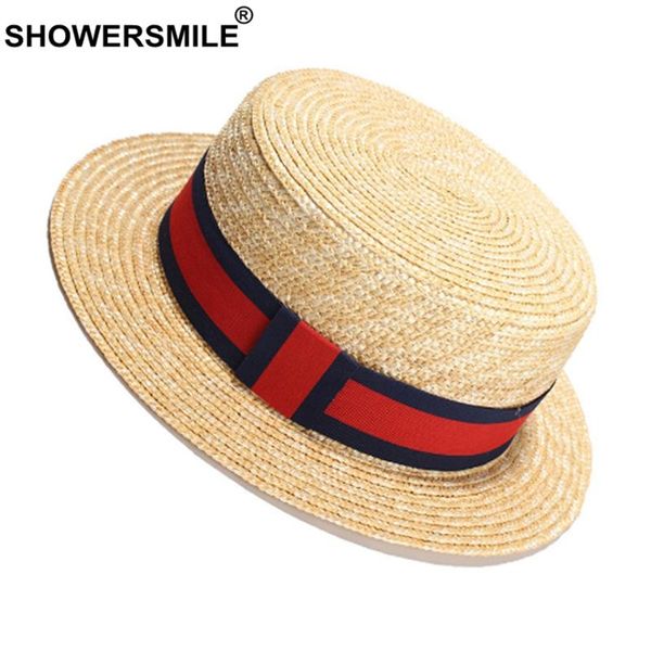 

showersmile straw panama hats female red ribbon beach sun hat women elegant holiday brand british ladies summer hats and caps, Blue;gray