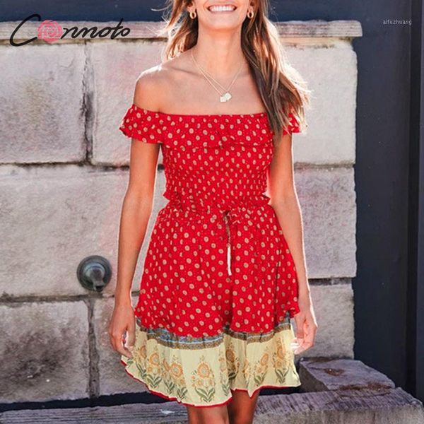 

conmoto women casual boho print short holiday dress ladies off shoulder ruffle beach summer short dress feminino vestidos1, Black;gray