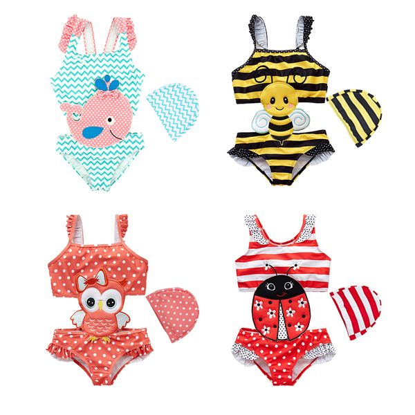 

2019 new baby girl swimwear with swim hats cartoon swimsuit swimming beach bathing bikini cute summer one-piece swimming costume y200704, Blue