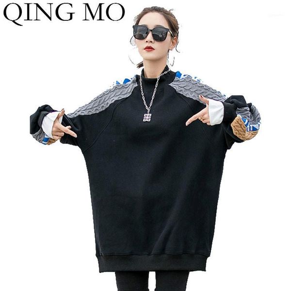 

qing mo fashion brand women batwing sleeve sweatshirt 2020 women knitted patchwork sweatshirt female velet zqy61241, Black