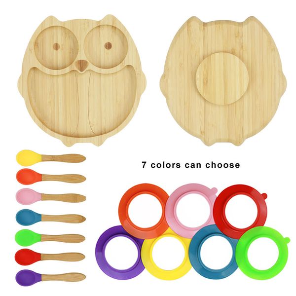 

baby bamboo suction owl plate and matching spoon set, suction stay put feeding bowl great for baby led weaning, natural bamboo lj201110