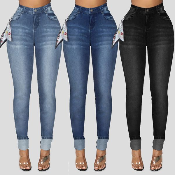 

daigelo women's jeans fashion women high waist denim pants with silk scarf pocket jeans pencil trouser female denim jeans 2020 y1214, Blue