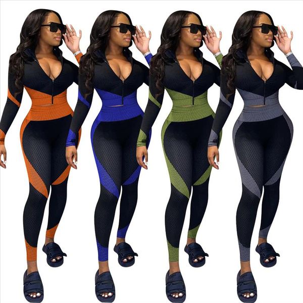

2 piece outfit for women sportwear patchwork zipper v neck pencil leggings fitness matching set mujor wholesale dropshipping, Gray