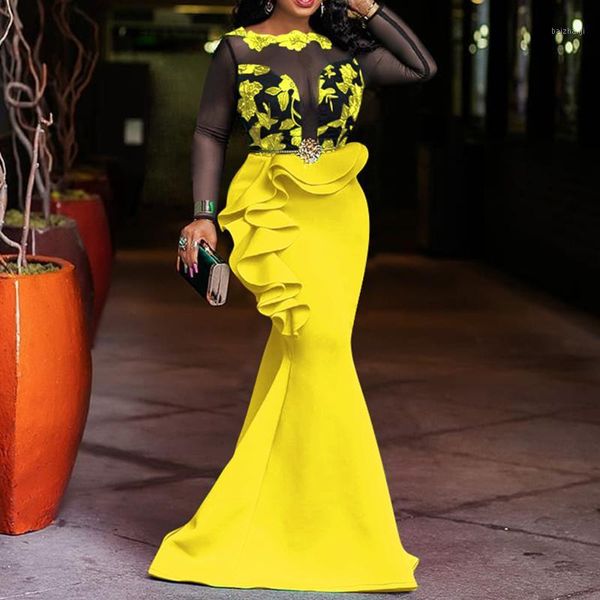 

mesh transparent elegant long party dress women mermaid plus size african ruffle dinner maxi dresses robe femme vestiods sexy1, Black;gray