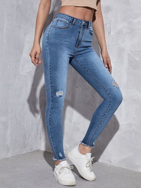 

ripped raw hem skinny jeans m5ac#, Blue