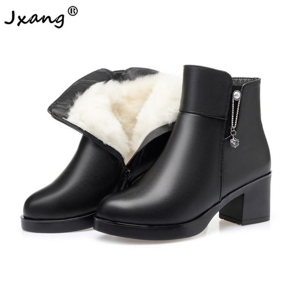 

jxang new wool women snow boots fashion thick genuine leather fur warm plush high heel platform ankle boots women winter shoes, Black