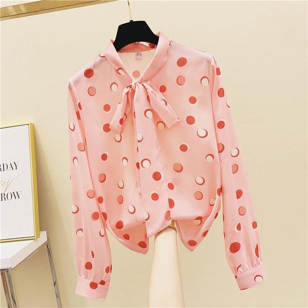 

women autumn chiffon blouses shirts office lady casual long sleeve polka dot printed blusas bow collar blusas all-match top, White