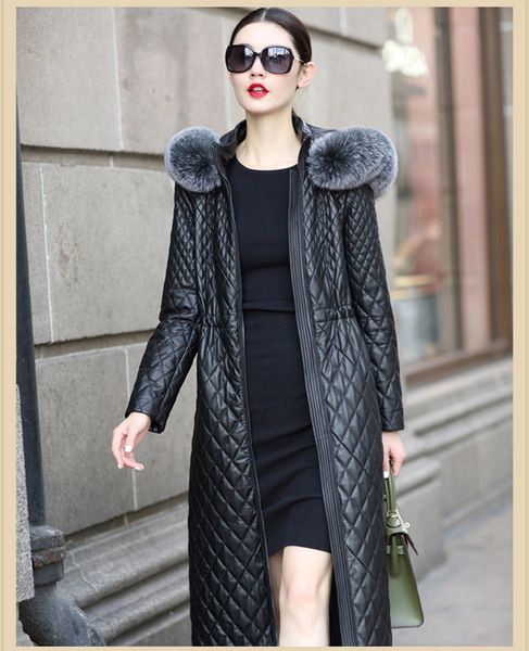 

2021 new coat female sheep skin feamle genuine leather fox fur collar with hood women's jackets wxf262 48la, Black