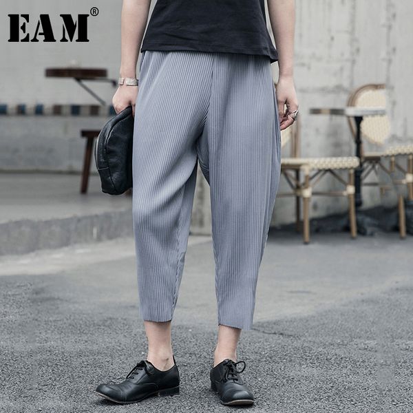 

[eam] high elastic waist black pleated long harem trousers new loose fit pants women fashion tide spring autumn 2020 lj201030, Black;white