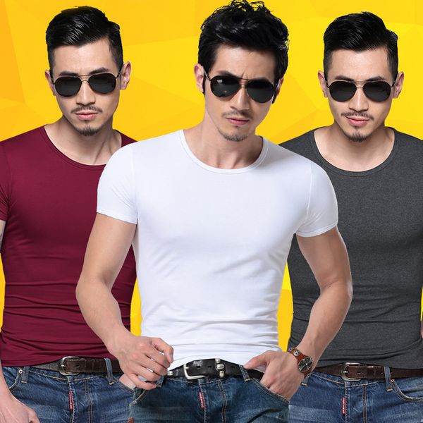 

men spandex fitness gym clothing man tees t shirt for male solid color tshirts multi colors t-shirt xs-xxl kg-201, White;black