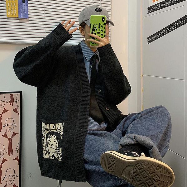 

men's sweaters 2021 winter loose cartoon knitted male long clothes cardigans homme youth v-neck printed coat 3-color wool s-2xl, White;black