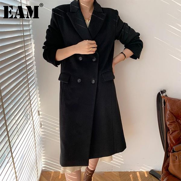 

eam] сыпучие fit black двойной брестед длинные шерстяные пальто ветровки новые длинные рукава женщины моды tide осень зима 2020 1dd0742