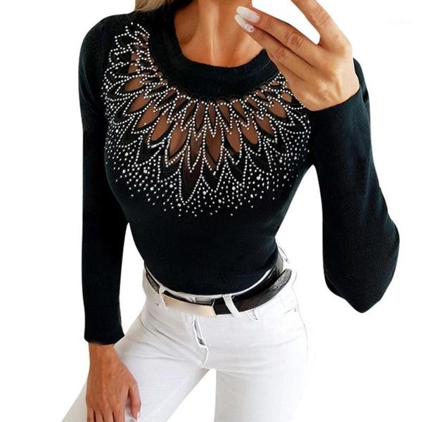 

women autumn blouse hollow out solid color rhinestone decor black grey color waist tight blouse pullover ropa mujer blusas1, White