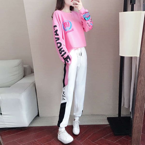 

spring 2020 new round neck pink sweater for women's foreign style age reduction leisure sports loose two piece suit, Black